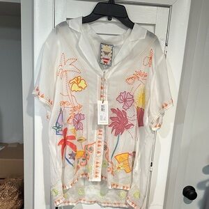 NWT Johnny Was Piper Aplique White Sheer Embroidered Tropical Button Top
